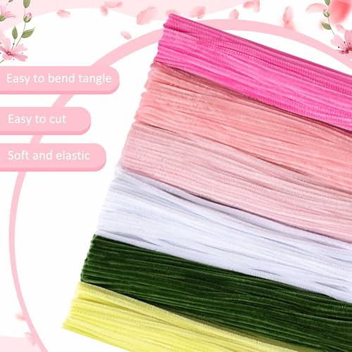 Peryiter 371 Pcs Pipe Cleaners Flowers Kit, Pipe Cleaners Chenille Stems Bulk with Floral Wire Gardening Tape Stamen, Fluffy Limpiapipas para Flores for DIY Mother's Day Decor(Pink, Green, Yellow) - color: Pink, Green, Yellow