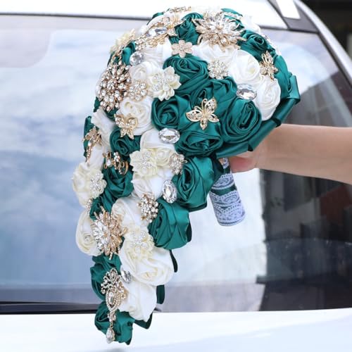 Luxury Cascade Bridal Wedding Bouquet Satin Rose Waterfall Holding Bouquet Artificial Flower Bunch for Bride Bridesmaid(Dark Green & Ivory, 17.3" x 8.7") - color: Dark Green & Ivory, size: 17.3"L x 8.7"W(44cm x 22cm)