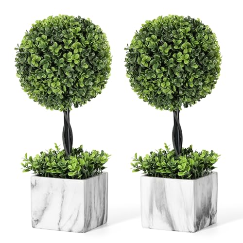 Lewondr 16'' Artificial Topiary Ball Tree, Small Potted Fake Plants, Artificial Boxwood Plants with White Planter Pot, Outdoor Indoor Realistic Faux Shrubs Tree for Home Office Porch Decor, Set of 2 - size: 2 Pack