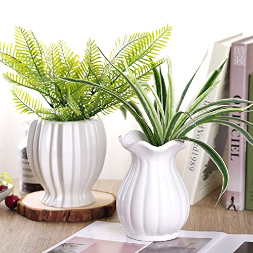 VanEnjoy 6 inch Modern Ribbed Design Small White Ceramic Decorative Tabletop Centerpiece Vase Flower Pot -White Lotus Flower - style: Asian