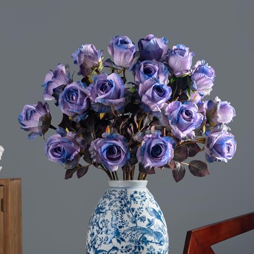 Artificial Flowers Artificial Roses Fake Roses 20PCS Long Stem Artificial Flowers for Tall Vase Silk Rose Suitable for Indoor Decor Wedding Party Decoration DIY Bouquet Autumn,Purple, 23.2In - color: Purple