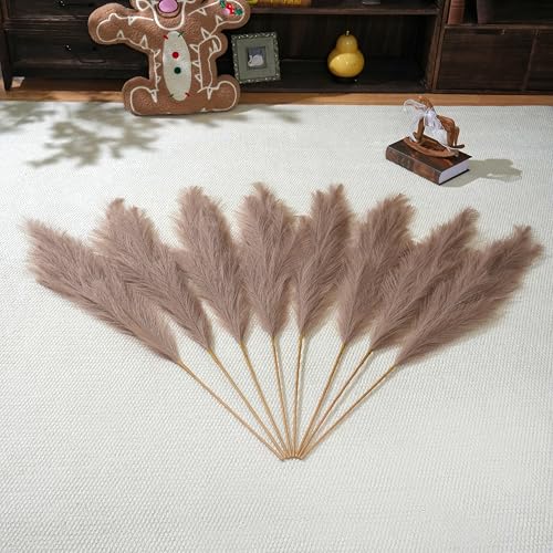 Premium Faux Khaki Pampas Grass – 43.3" Tall Fluffy Earth-Toned Decor, 8pcs 18-Branch One-Piece Stems No Assembly, Luxury Silk Feather Flowers for Boho Military Green Decor,Olive Beige 8 Stems110cm - color: Faux Khaki, size: 8pcs 43.3"(110cm)