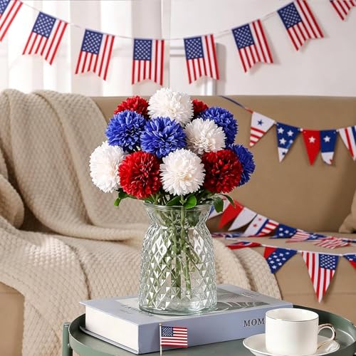 Floweroyal 24pcs 4th of July Flowers Artificial Chrysanthemum Ball Silk Hydrangea Flowers for Independence Day, Memorial Day, Floral Arrangement Decor (Red, Blue, White) - color: Red Blue White-24pcs