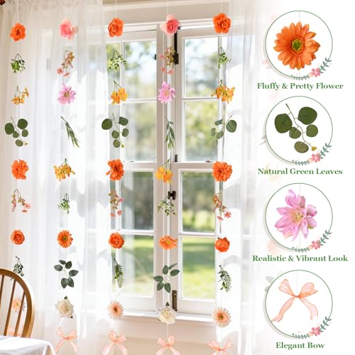 Livole 6Pcs 36Ft Hanging Flower Garland with Bow Wildflower Garlands Backdrop Silk Artificial Fake Floral Vines for Wedding Bridal Party Birthday Arch Wall Home Garden Decor(Orange) - color: Orange, size: 6Pcs