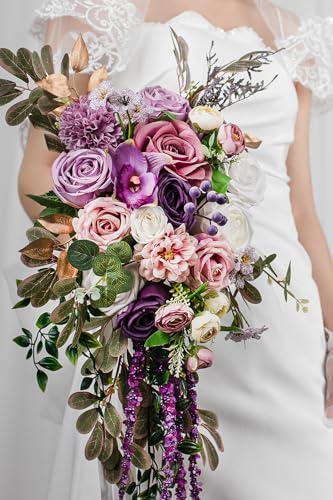 Lisuun Wedding Bouquets for Bride, 16 Inches Wedding Flower Bouquet, Silk Round Bridal Bouquet for Wedding, Ceremony, Anniversary - color: White&purple