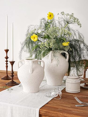 Large White Ceramic Vase - 10.8 Inch Rustic Farmhouse Vase with Handles for Home Decor, Vintage Tall Vases for Living Room, Table, Bathroom, Holiday & Weddings (Rock Sand White) - color: 10.8 Inch-rock Sand White