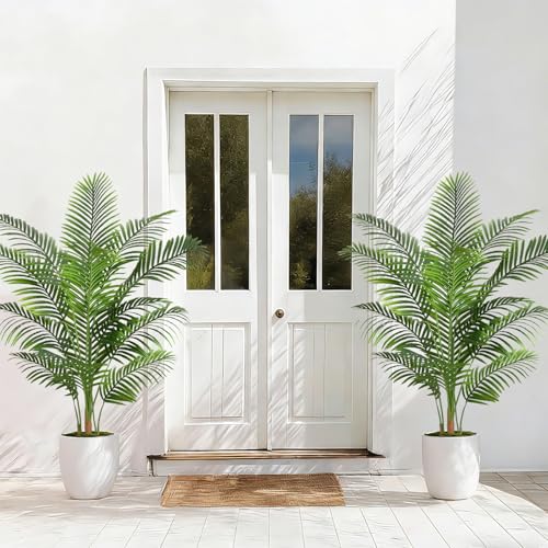 Artificial Palm Tree Indoor Plant 5FT Tall Fake Tropical Palm Tree in Pot, Real Bark Design Faux Areca Palm Tree for Home Office Living Room Bedroom Farmhouse Modern Outdoor Topiary Tree - size: 5FT