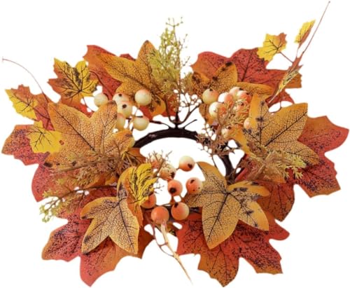 Fall Candle Rings Wreaths Thanksgiving Candle Ring Holder Artificial Maple Leaf Candle Garland Mini Flower Candleholder Wreaths for Thanksgiving Table Decorations Centerpieces