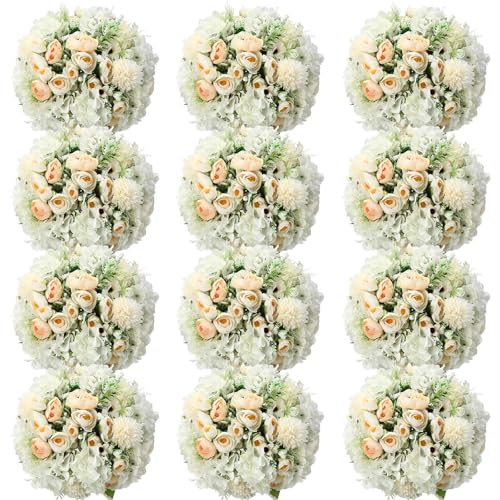 Tigeen Peonies Artificial Flowers Faux Roses Silk Flowers Hydrangea Artificial Bouquet for Wedding Table Centerpiece Floral Vase Home Office Bridal Decor(White,12 Bundles) - color: White