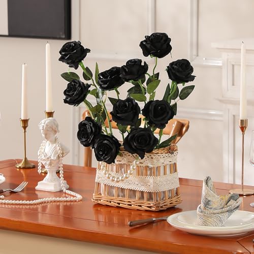50PCS Artificial Silk Roses in Bulk & Bouquet Long Stem – Realistic Fake Roses for Wedding Centerpieces, Home Decor, Floral Arrangements, Party Decoration (Black) - color: Black, size: 50 Pcs