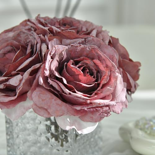 Artificial Rose in Glass Vase Vintage Silk Flower Arrangement with LED Light for Table Centerpiece Home Wedding Decoration (Plum Purple) - color: Plum Purple