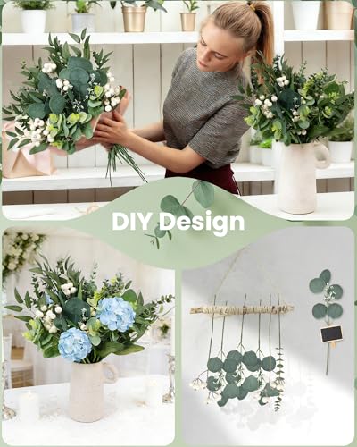 60 Pcs Mixed Artificial Eucalyptus Leaves Stems Bulk, 5Kinds Fake Greenery Silver Dollar Leaves Dried Eucalyptus Bundle with White Seeds Berry for DIY Bouquets Floral Arrangement Wedding Vase