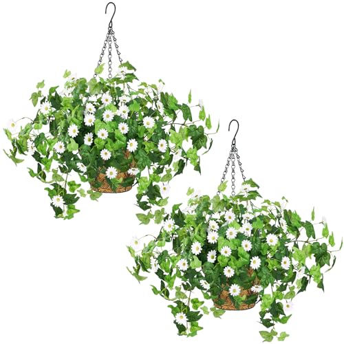 Krissing 2 Pack Artificial Hanging Flowers with Baskets for Outdoors UV Resistant Fake Ivy Plants Greenery Faux Silk Daisy Flowers for Outdside Garden Porch Balcony Summer Home Decor (White) - color: White, size: 6pcs with 2 baskets