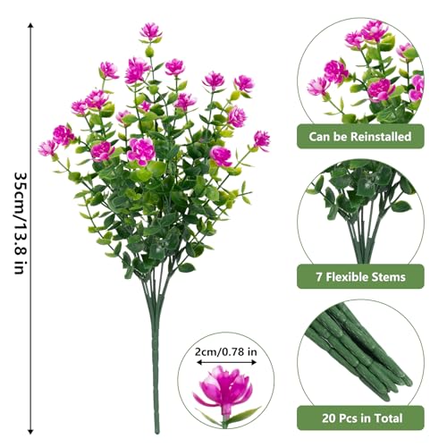 Bassion 20 Bundles Artificial Flowers for Outdoors, UV Resistant Faux Plants Outdoor Indoor Fake Flowers Plastic Greenery Shrubs Eucalyptus Stems for Garden Fence Patio Window Box Porch Pot Decor - color: Magenta