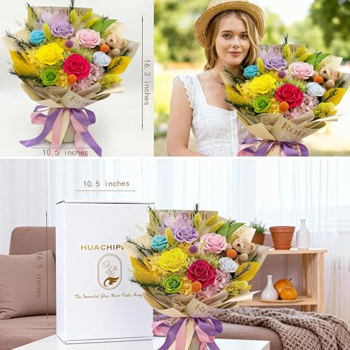 Preserved Bouquet with Bear: Big Flowers Big Love-Romantic Graduation Gifts for Her-Daughter Girlfriend Wife Mom-Flowers for Delivery Prime on Birthday Valentines Anniversary (Dopamine 1) - color: Dopamine1