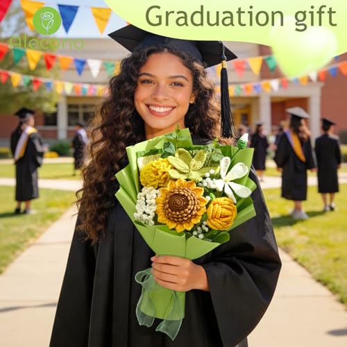 Alecono Crochet Flower Bouquet, Green Knitted Flowers, Crochet Sunflowers for Mother's Day Anniversary Birthday Graduation Lover Valentine Day Gifts (with Card) - color: Green, size: Large