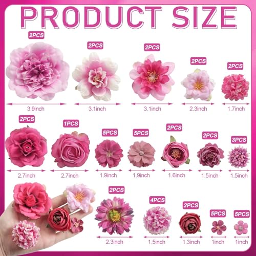 Artificial Flowers Heads Combo Rose Red Flowers Mix Silk Flowers Heads Pink Bulk Faux Rose for Craft Garland Graduation Cap Wedding Bridal Baby Shower Home Party Decoration DIY Cake Decor - color: Rose Red