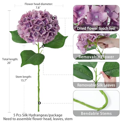 ZYTUYO 5 Pcs Light Purple Silk Hydrangeas Artificial Flower - 20" Faux Hydrangeas Boho Dried Touch for Fall Home Decor, Kitchen, Living Room, Porch Wreath, Xmas, Wedding Flower Arrangement - color: Light Purple