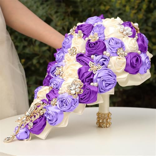 Handmade Satin Rose Water Drop Bridal Bouquet,8.7inch Crystal Wedding Round Tossing Bouquet,Jewelry Proposal Bridesmaid Bouquet Groom Corsage Bride Wrist Flower Ivory (07#Ivory Purple) - color: 07#ivory Purple
