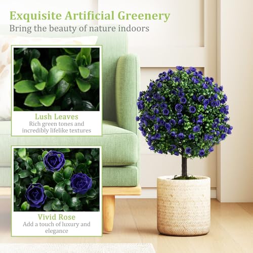 Goplus 22'' Artificial Purple Rose Topiary Ball Tree, Set of 2 Faux Potted Plants Artificial Shrubs Bushes with Flowers, Fake Evergreen Boxwood Topiary for Indoor Outdoor Home Front Porch Decor - color: Purple Rose