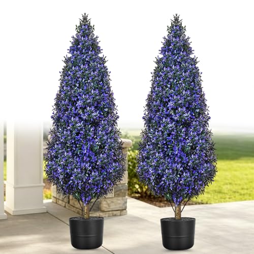 2PACK Topiary Trees Artificial Oudoor Indoor,3.3FT Lavender Purple Faux Potted Plant Fake Shrubs Boxwood Trees with Pot,Spike,Realistic Faux Bushes Evergreen Tree UV Resistant for Front Porch Balcony - style: Multiple