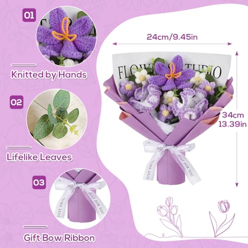 Tenn Well Crochet Flower Bouquet, Crochet Knitted Carnation Gift Artificial Flowers for Mother’s Day, Birthday, Graduation, Anniversary and Home Decor - color: Purple