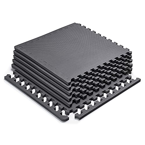 Marcy EVA Foam Interlocking Flooring Mat High Density Non-Slip Tiles for Fitness Equipment, Workout Cushion and Floor Protection - color: Black - 0.75 Inch - 6 Tiles (24 Sq Ft)