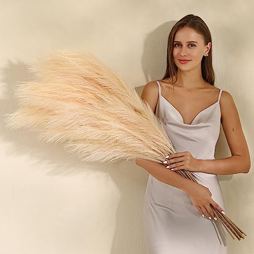 Wertuirk Champagne Faux Pampas Grass - 45-Inch Set of 8 | Boho Home Decor | Tall Artificial Pompas Floral Soft and Fluffy | Perfect for Wedding Centerpieces, Farmhouse and Baby Shower Decorations - color: Champagne