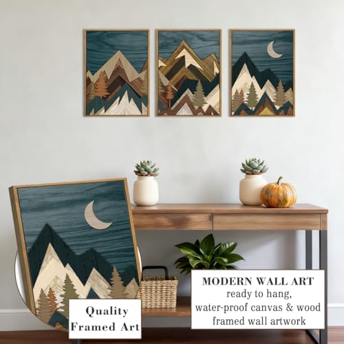 BINCUE Boho Mountain Wall Art Framed Landscape Wall Decor Modern Nature Artwork Mountains Wall Pictures Moon Art Landscape Paintings Rustic Prints for Farmhouse Bedroom Living Room Office 12x16 Inch 3 Piece - color: Framed Mountain, size: 24"L x 16"W