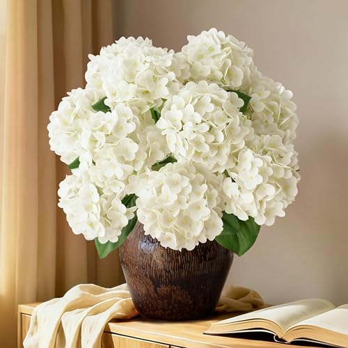 A Bunch 21in White Real Touch Hydrangea Artificial Flowers with 5pcs Flower Head 10pcs Leaves Faux Hydrangea Flowers for Home Office Decor Wedding Party Arrangements (1, White) - color: White, size: 1 Bunch