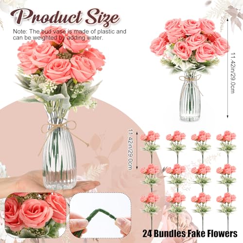Zeyune 36 Pack Artificial Flowers Centerpiece with Vase Bulk for Wedding Table 24 Bundles Silk Floral Faux Rose Bouquet with 12 Plastic Vase for Bridal Shower Table Decor(Pink) - color: Pink
