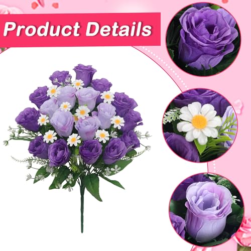 Wocst Artificial Cemetery Flowers for Grave Memorial Day Flowers for Cemetery,2Pack Artificial Silk Roses Daisy Bouquets with Cemetery Vases for Outdoor Grave Decorations ﻿ (Purple) - color: Purple