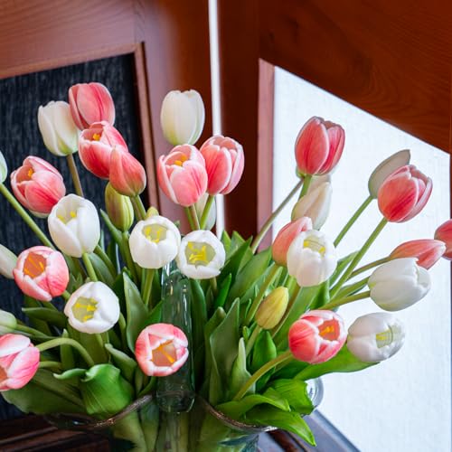 Artificial Tulips Flowers,Soft Touch Latex Bouquet, Fake Tulips,Spring Wedding Home Room Table Centerpiece Decor - color: 40pcs White Set(no Vase)