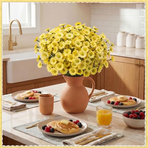 48 Pcs Small Daisy Flowers Artificial 10.6 Inch Fake Daisies Silk Floral Bouquets Spring Wildflowers with Stems Floral Arrangements for Vase Wedding Centerpiece Table Decor(Yellow) - color: Yellow