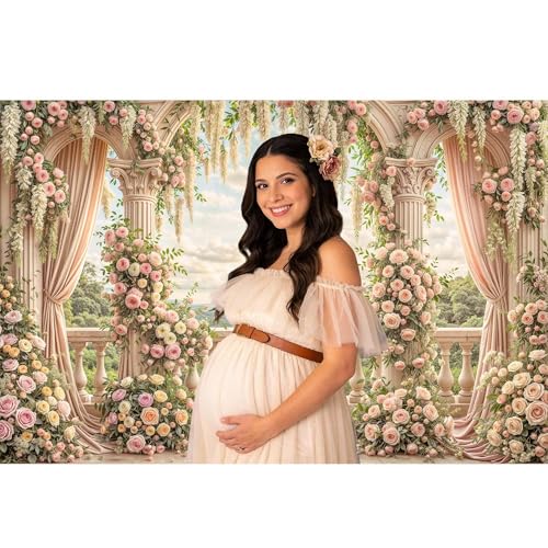 5 x 3 ft Pink Floral Backdrop Rome Garden Balcony Arch Retro Flowers Photography Backdrops Wedding Birthday Party Decorations Baby Bridal Shower Portrait Photo Background Studio Props Wall Decor - color: Multi02, size: 5X3FT