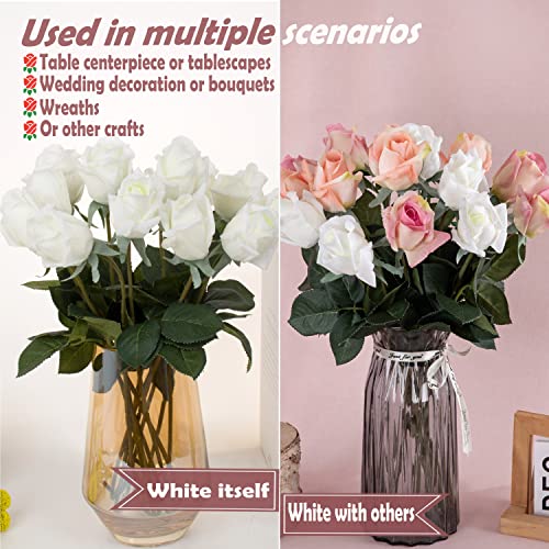 12pcs Half Opened Artificial Rose Buds,17 Inch Real Touch Silk Roses with Partially Opened Flowers, Artificial Flower for Home Décor Centerpiece Wedding Bouquet,White - color: White