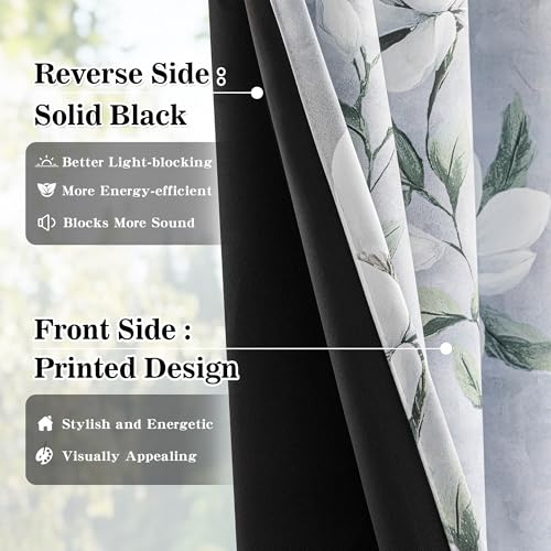 MYSKY HOME Floral 95% Blackout Curtains 63 Inch Length 2 Panels - Bedroom Black Out Thermal Insulated Noise Reducing Energy Efficient Flower Printed Grommet Drapes for Small Window, Pack-2, Light Grey - color: Light Grey, size: 52"W x 63"L (Pack of 2)