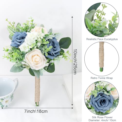 7 Inch Bridesmaid Bouquet Flowers - Artificial Bouquet for Bridesmaid Wedding Rustic Small Floral Centerpiece for Marriage Proposal Party Anniversary Dining Table Decor - Green & Dusty Blue - color: Green & Dusty Blue, size: 1pcs