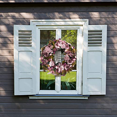 BOMAROLAN Artificial Peony Flower Wreath 19Inch Vintage Blooming Silk Peonies Spring Summer Fall Winter Large Wreaths Flower Green Leaves for Outdoor Front Door Indoor Wedding Wall Or Window Décor - color: Sweetened Bean