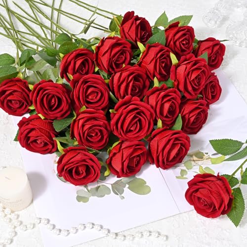 Waipfaru Red Roses Artificial Flowers Bulk, Real Touch Velvet Roses with Wrapping Paper, 50 Pcs Fake Flowers for Wedding Centerpieces Bridal Bouquet Valentines Mothers Day Graduation Decor - color: Red, size: 50 Pcs