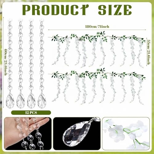 XunYee 16 Pcs Wisteria Artificial Flowers Garland and Crystal Garland Set 4 Pcs Total 72 ft White Silk Wisteria 12 Acrylic Crystal Strands for Wedding Arch Backdrop Home Garden Decor
