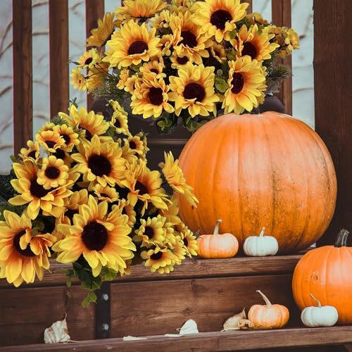 Lifelike Artificial Sunflower Bouquets, 15” Tall Silk Fake Sunflowers for Wedding Centerpieces, Home Decor, DIY Garden Craft Arrangements (2 Pack)