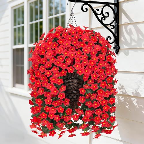 HyeFlora Artificial Fake Hanging Flowers Plants Basket for Outdoor Outside Spring Summer Decor, Faux Silk Red Daisy Flower Look Real UV Resistant Orchid Vine Plant for Porch Garden Yard Patio Home - color: Red Daisy