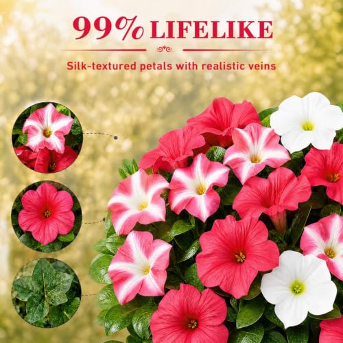 6Pcs Artificial Flowers for Outdoors, Fake Petunias Morning Glory Silk Flower UV Resistant, Faux Flowers for Outdoor Planters, Realistic Flora for Window Box Garden Porch Decor (RedWhite-Petunia) - color: Redwhite-petunia