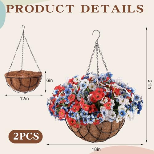 Beeveer 2 Pack Artificial Hanging Flower Basket for Outdoor Decoration Faux Orchid Hanging Plants with Coconut Lining Basket Fake Arrangement for Porch Courtyard Decor(White, Blue, 2 Pack) - color: White, Blue