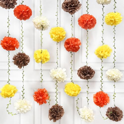 Fall Party Decorations Orange Yellow Brown Beige Tissue Paper Flowers Pom Pom Leaf Ribbon Hanging Garland Streamer for Thanksgiving Harvest Birthday Bachelorette Baby Shower Wedding Party Supplies - color: Fall