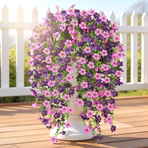 Artificial Hanging Flowers for Outdoors, 6PCS Faux Silk Artificial Flowers for Outdoors, UV Resistant Fake Flowers, No Fade Trailing Greenery, Decor for Home Porch Patio Balcony Garden Yard - color: Double Purple