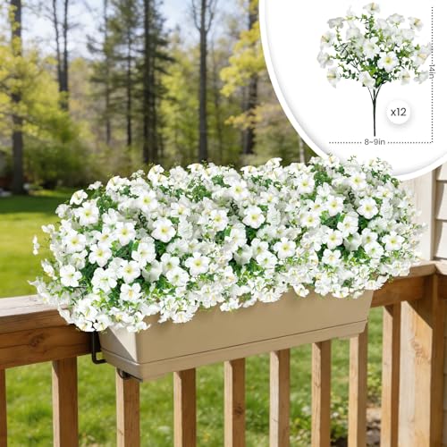ICX 12pcs Artificial Flowers Fake Plants for Outdoors Decoration-White | Fake Silk Morning Glory Realistic UV Resistant Flowers for Outside for Pot, Front Door Porch Yard Patio Hanging Basket - color: 12pcs-mixed White
