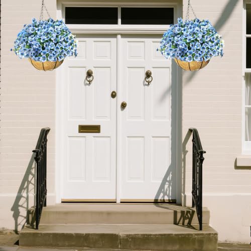 Artificial Hanging Flowers for Outdoors with Basket,UV Resistant Realistic Faux Hanging Plants Outdoor Artificial Flowers for Outdoors Basket for Yard Porch Patio,12 Bundles(Blue White) - color: Blue and White