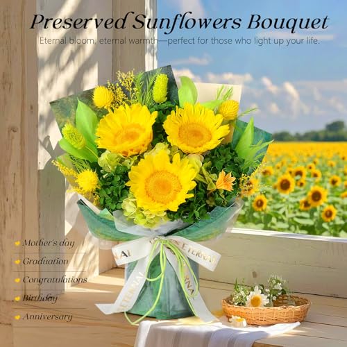 Preserved Sunflower Bouquet - Forever Flowers for Delivery, Long-Lasting Flower with Gift Box, Eternal flowers Bouquet, Mothers Day Gifts for Mom Grandma Wife, Anniversary Birthday Gifts for Women